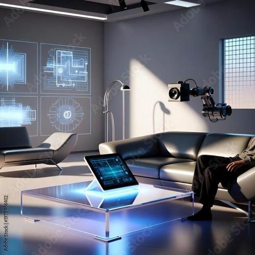 Hight technology Use at home and offices, mobile, laptop and screen in a futuristic way 