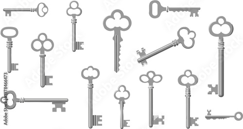 Set of Vintage and Modern Key Vector Illustrations with Different Shapes and Designs for Security and Locking Mechanism Projects