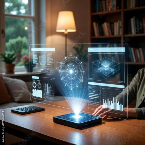 Hight technology Use at home and offices, mobile, laptop and screen in a futuristic way 