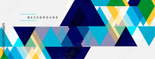 Geometric triangles form abstract background. Blue, green, yellow hues create modern design. Minimalist style, clean lines present visual appeal.