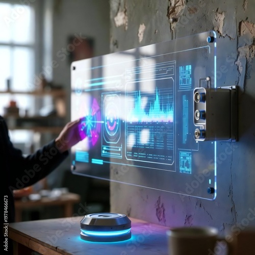 Hight technology Use at home and offices, mobile, laptop and screen in a futuristic way 