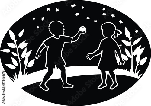 Children sharing apple at night
