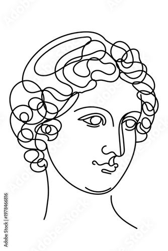 Line Art Antique Character Face. Curved Pen Stroke Drawn Elegant Portrait. Greece Goddess Silhouette. Aesthetic Contour Drawn Statue Mascot Head. Vintage Shop or Museum Logo Design Wavy Outline Person