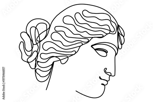 Line Art Antique Character Face. Curved Pen Stroke Drawn Elegant Portrait. Greece Goddess Silhouette. Aesthetic Contour Drawn Statue Mascot Head. Vintage Shop or Museum Logo Design Wavy Outline Person