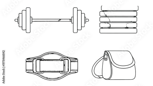 Fitness Essentials in Line Art: A meticulously crafted collection of fitness essentials, rendered in clean, minimalist line art, showcases the core elements of a dedicated workout regimen.