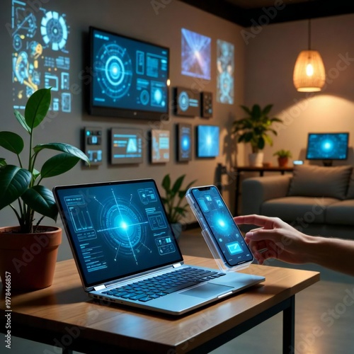 Hight technology Use at home and offices, mobile, laptop and screen in a futuristic way 