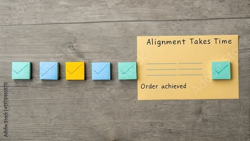 Top view of colorful paper squares aligning on wooden surface