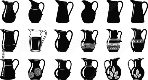 Collection of black silhouette pitchers and jugs with various designs and shapes