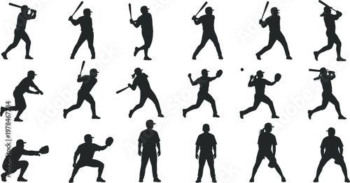 Collection of black silhouettes of baseball players in various action poses on a white background