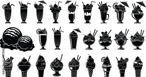 Collection of black and white silhouette icons of ice cream cones sundaes and milkshakes