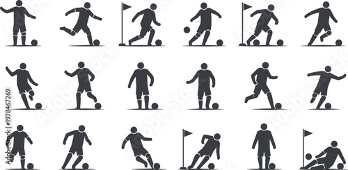 Collection of dark grey soccer player silhouettes in various action poses on white background