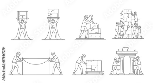 Warehouse workers, laborers, moving boxes, packing and shipping, logistics icons
