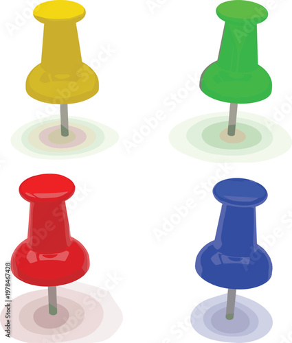 Four colorful thumbtacks yellow green red blue with circular shadows on white background