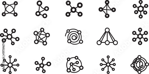 Geometric shapes and molecular structure icons in black and white