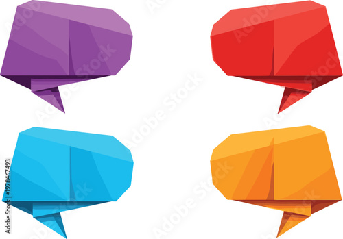 Four Origami Speech Bubbles in Purple Red Blue and Orange on White Background talk
