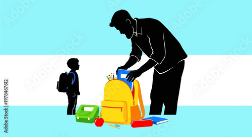 Man packing school bag with child.
