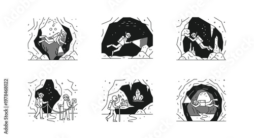 Black and white fantasy monster icons, set of six, illustrations, creepy creatures
