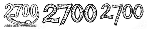 Ornate 2700 numeral set with rough sketchy art and dragon scale texture featuring 2700, numeral, dragon, scales with white backdrop and intricate design