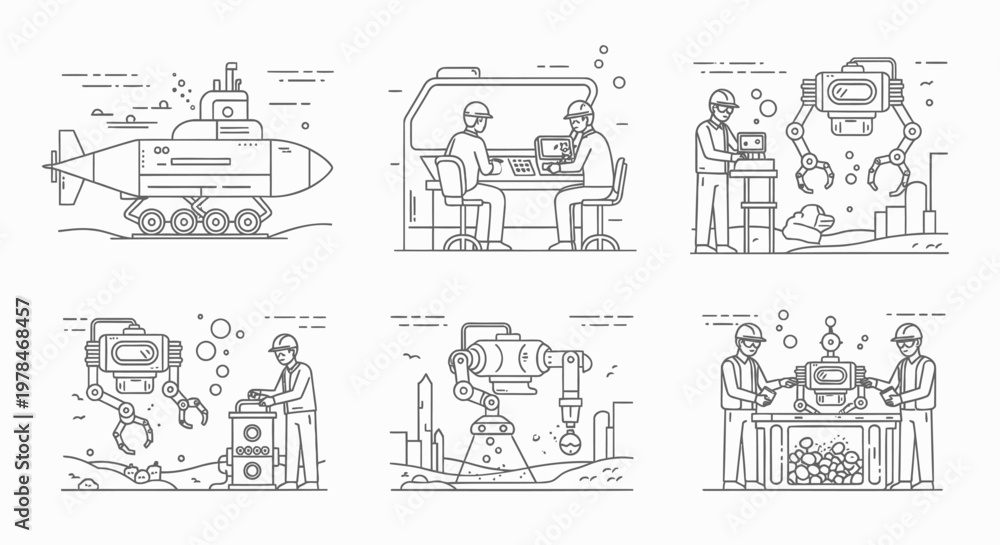 Obraz premium Industrial, robotic, factory icons. Line art illustrations set, 6 elements, engineering and manufacturing concepts.