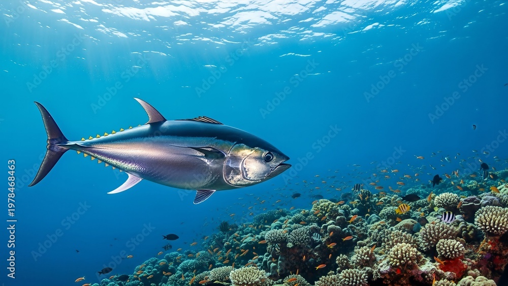 Obraz premium A large tuna fish swims gracefully through clear blue ocean water near a vibrant coral reef teeming with small fish.