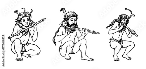 Faun set with hand-inked line art illustration of woodland creature playing a wooden flute on white background featuring faun, wooden flute, line art with hand-inked and minimalistic