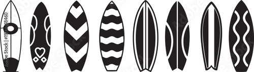 Eight bold black surfboard silhouette icons set. Trendy beach surf designs with chevron, wave, stripe and heart patterns, perfect for summer, coastal, sports and surf brand designs.