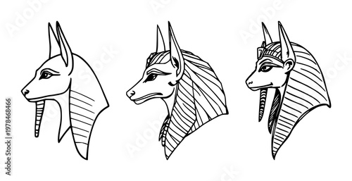 Anubis head set with hand‑drawn line art featuring Egyptian, deities, head profile rendering with white background and illustration
