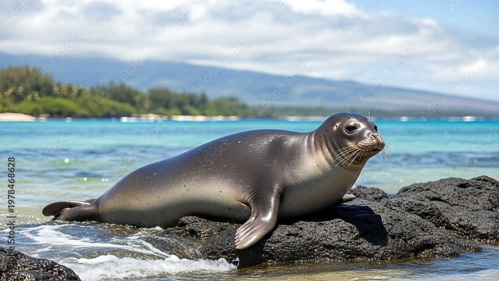 Obraz premium A Hawaiian monk seal rests on a rocky shore with the ocean and lush green coastline in the background.