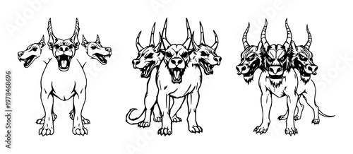 Cerberus set with sketchy black line art featuring three-headed dog, mythology, iconography with illustration and graphic design