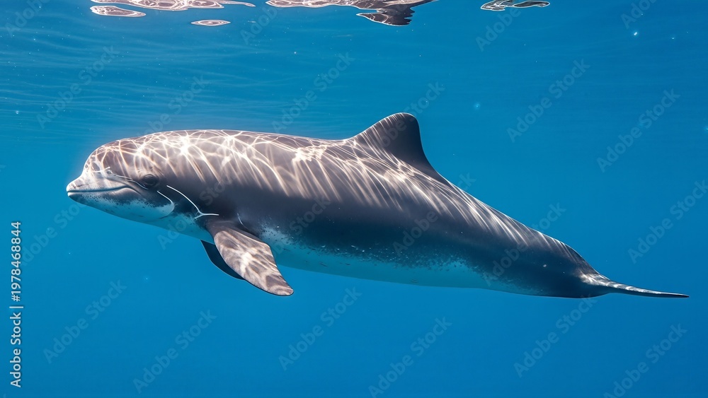 Naklejka premium A bottlenose dolphin swims gracefully underwater in clear blue ocean water, illuminated by sunlight.