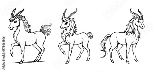 Kirin set with sketchy organic art featuring mythical hooved creature, elegant design, fluid lines with white background and illustrations
