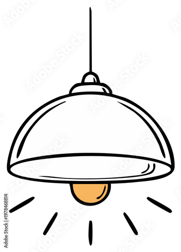 Simple retro pendant ceiling light fixture with glowing bulb and radiating lines illustration