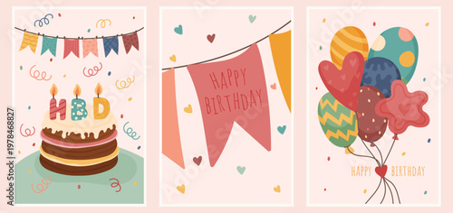 Birthday card set with cake, balloons and festive flags in soft pastel colors. Cute and playful design. Perfect for invitations, greeting cards, kids parties and celebrations