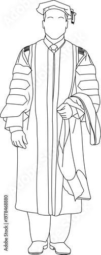 drawing of a man wearing a PhD and doctorate graduation regalia front view vector illustration. Male graduate vector illustration. 