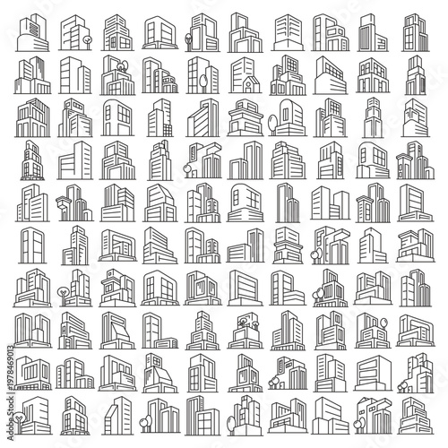 big set of office and city tower building icons vector line illustration