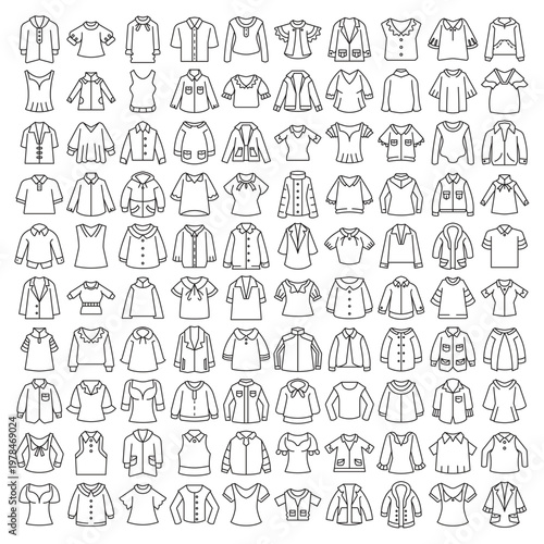 big set various types of clothes, shirt and jacket line icons illustration