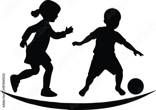 Kids playing soccer black silhouette