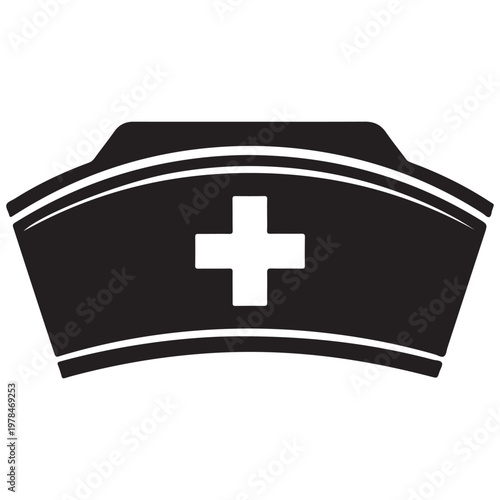 Black and White Nurse Cap with Medical Cross Symbol Icon