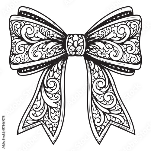 Elegant Black and White Ornate Bow with Intricate Filigree Pattern