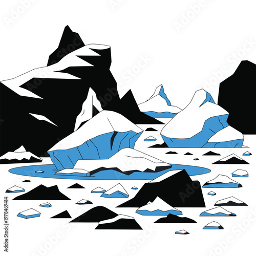 Graphic illustration of arctic icebergs floating in a blue sea with sharp dark mountain peaks in the background antarctica mountain environment landscape illustration expedition