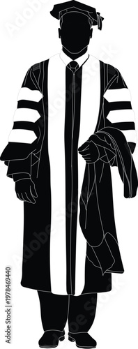 Silhouette vector of a man wearing a PhD and doctorate graduation regalia front view vector illustration. 