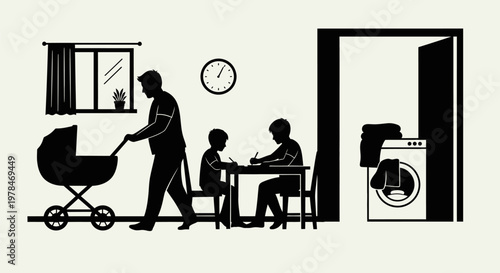 Family with baby stroller and washing machine.