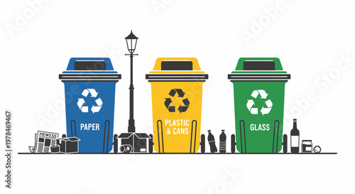 Recycling bins for paper plastic glass.