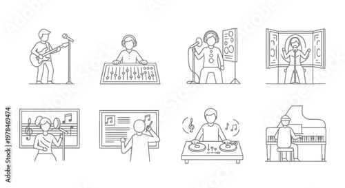 Music, musicians, performance icons, vector set, 8 elements, line art