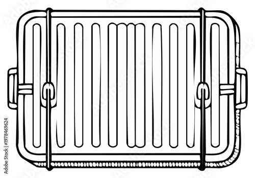 Black and white illustration of a vintage metal lunchbox with a handle and clasp