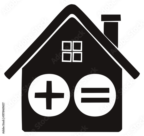 House silhouette with plus and equals signs symbolizing home calculation and finances