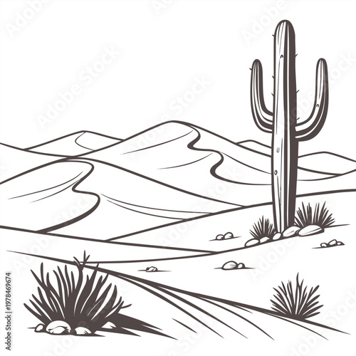 Saguaro cactus standing tall in a vast desert landscape with rolling sand dunes clear sky landscape southwest environment wilderness illustration monochrome vegetation