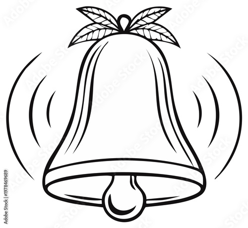 Outlined illustration of a ringing bell with leaf accents, vector.