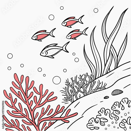  hand drawn underwater scene with fish coral reefs