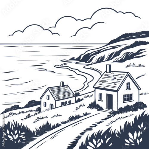 Two small houses on a grassy hillside overlooking a serene ocean coastline with a cloudy sky completes the tranquil scene coastline hillside landscape residential property tranquil peaceful